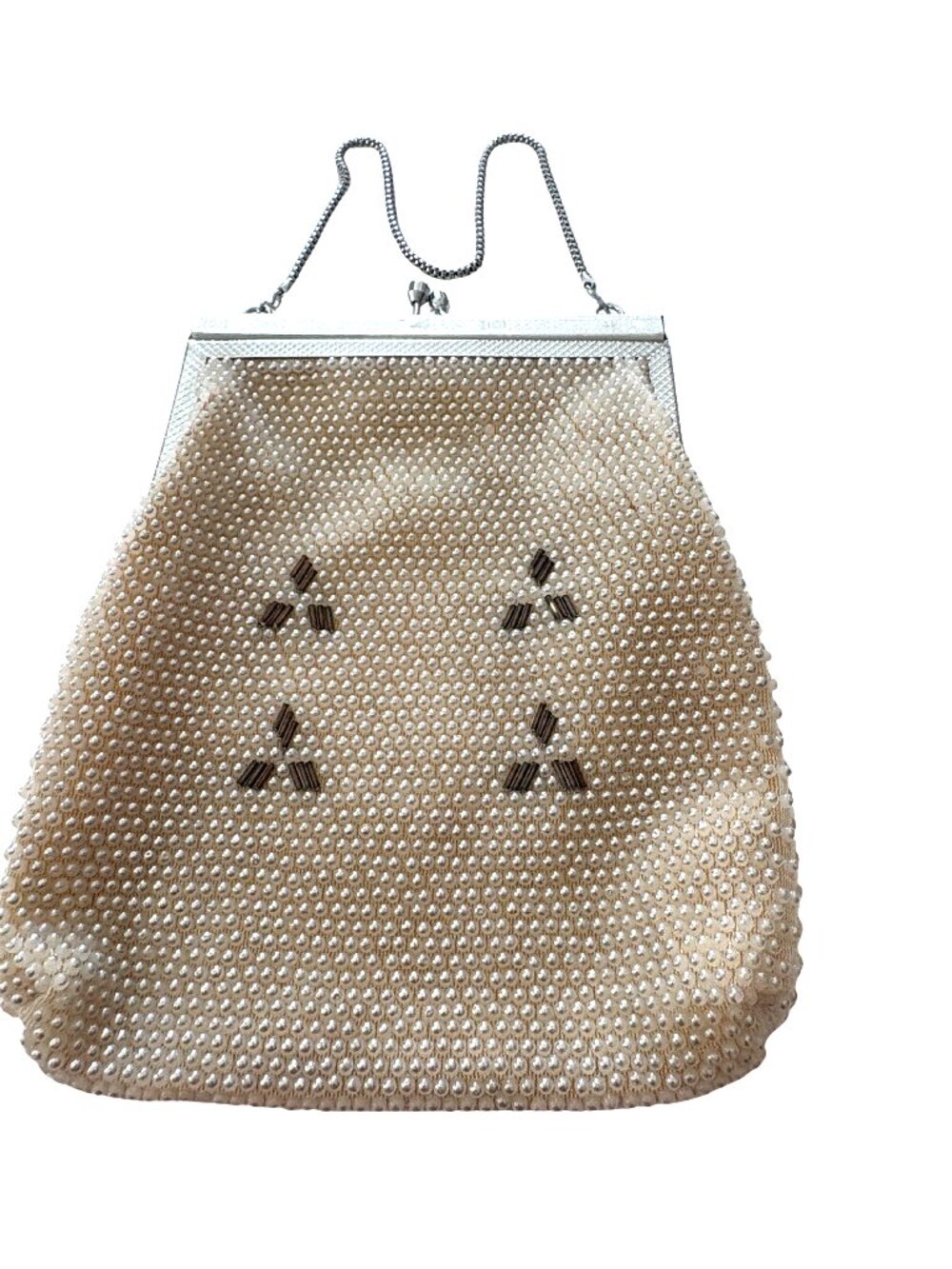 Handmade Beaded Evening Bag Clutch Purse Small Handbag Silver Frame Beige